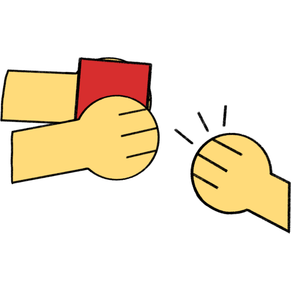  a pair of yellow cartoon hands holding a red square, across from them is another hand, which as expression lines next to it, indicating the square was taken from the second pair of hands.